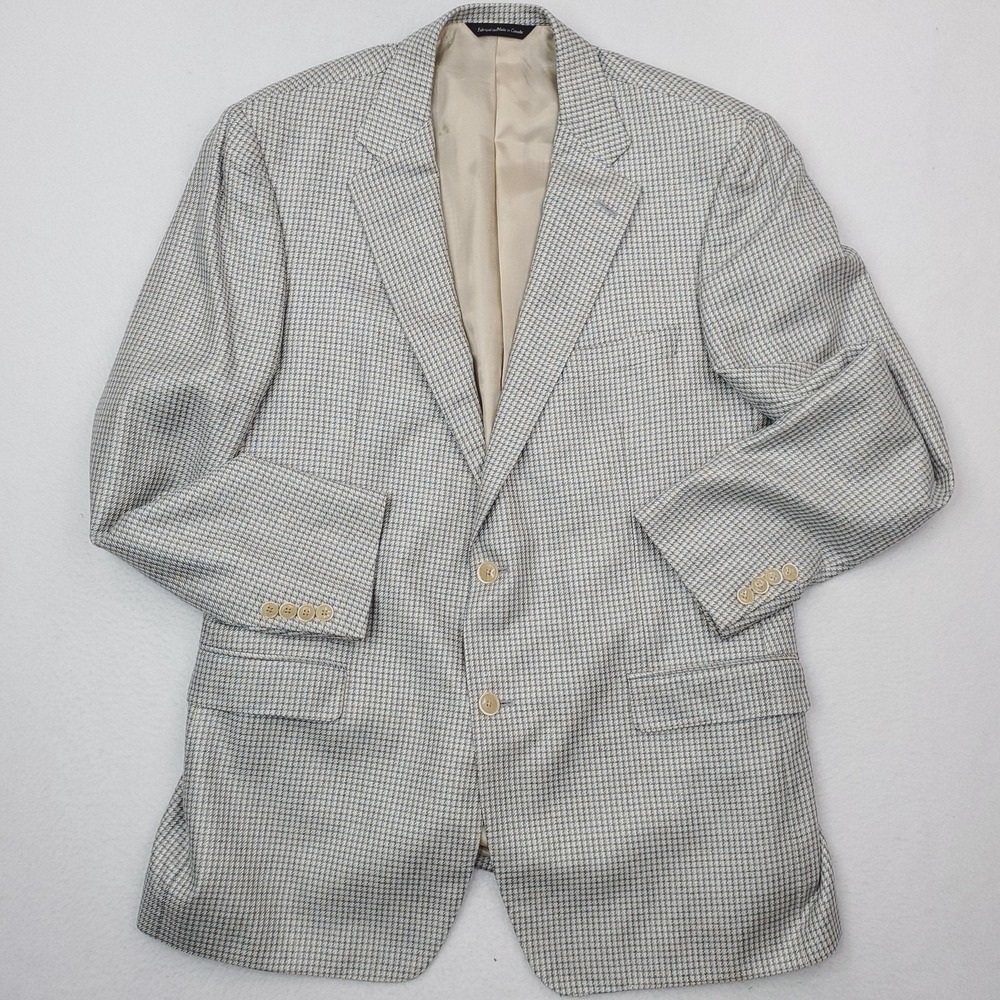Samuelsohn Blazer Mens 44L Beige Blue Silk Check Tweed Sport Coat Jacket Canada